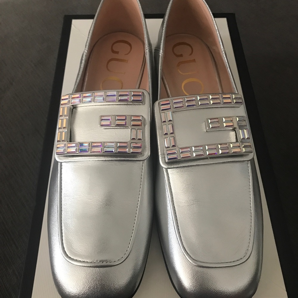 NIB Gucci Metallic Crystal Square G Loafers 38 - Picture 5 of 16